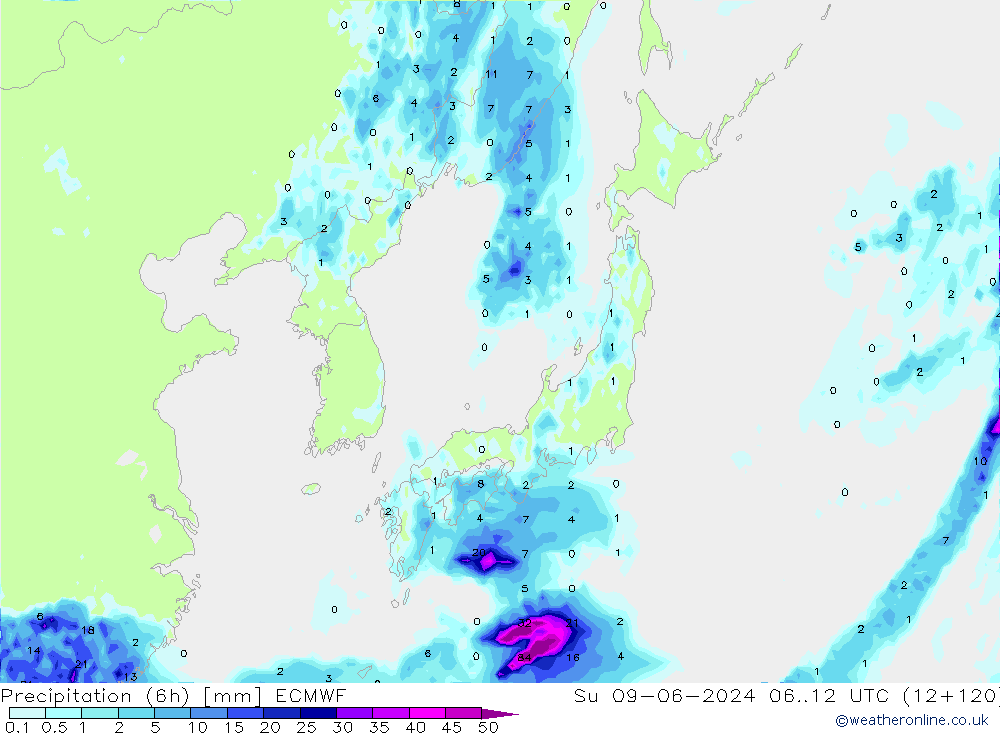 Nied. akkumuliert (6Std) ECMWF So 09.06.2024 12 UTC