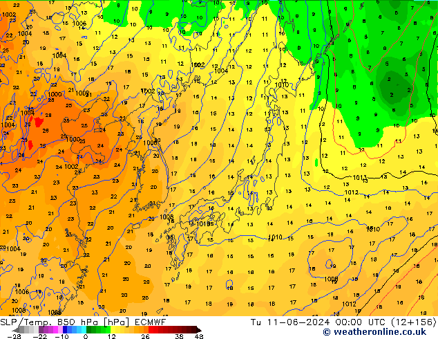 SLP/Temp. 850 hPa ECMWF Út 11.06.2024 00 UTC