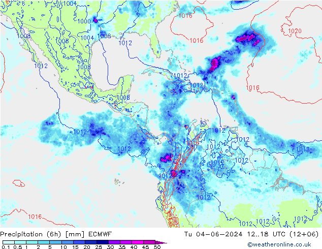 Totale neerslag (6h) ECMWF di 04.06.2024 18 UTC