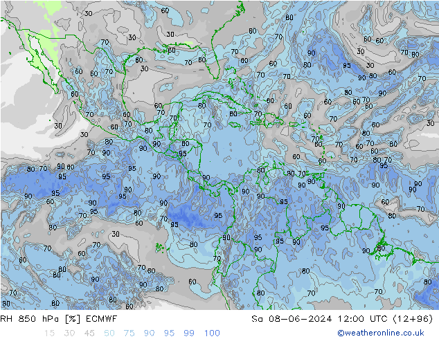 Humedad rel. 850hPa ECMWF sáb 08.06.2024 12 UTC