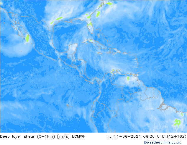 Deep layer shear (0-1km) ECMWF mar 11.06.2024 06 UTC