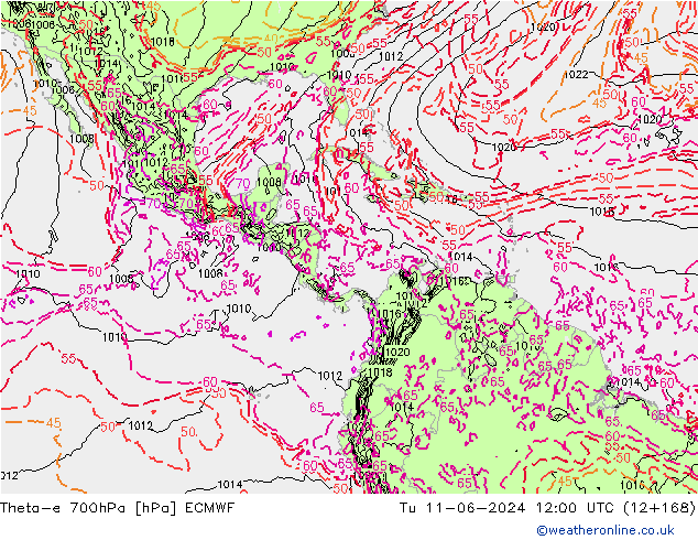 Theta-e 700hPa ECMWF mar 11.06.2024 12 UTC