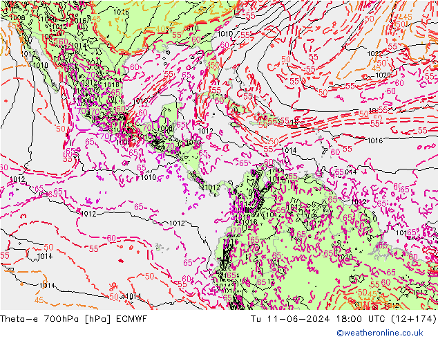 Theta-e 700hPa ECMWF Ter 11.06.2024 18 UTC