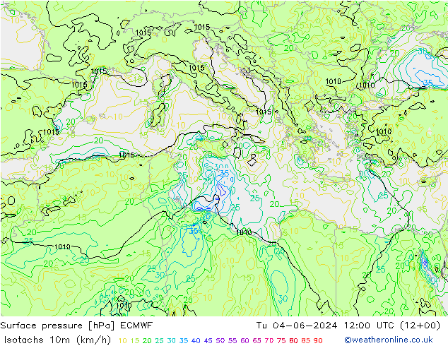 Isotachs (kph) ECMWF  04.06.2024 12 UTC