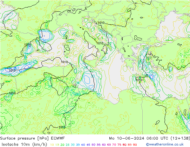 Isotachs (kph) ECMWF lun 10.06.2024 06 UTC