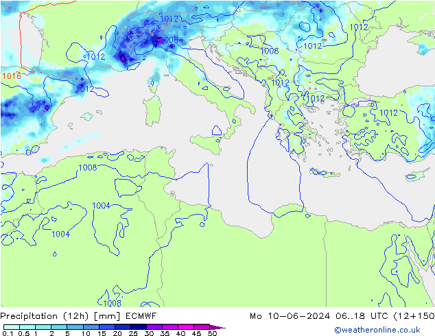 осадки (12h) ECMWF пн 10.06.2024 18 UTC