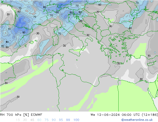 Humidité rel. 700 hPa ECMWF mer 12.06.2024 06 UTC