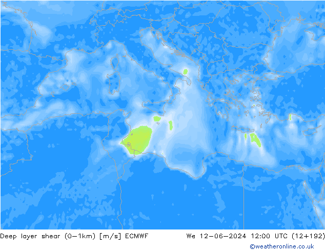 Deep layer shear (0-1km) ECMWF Çar 12.06.2024 12 UTC