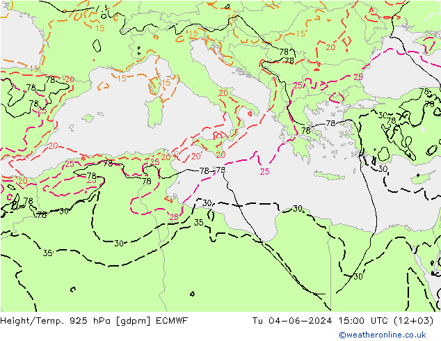 Height/Temp. 925 hPa ECMWF Tu 04.06.2024 15 UTC