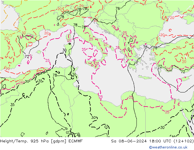 Height/Temp. 925 гПа ECMWF сб 08.06.2024 18 UTC