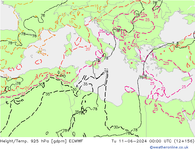 Hoogte/Temp. 925 hPa ECMWF di 11.06.2024 00 UTC