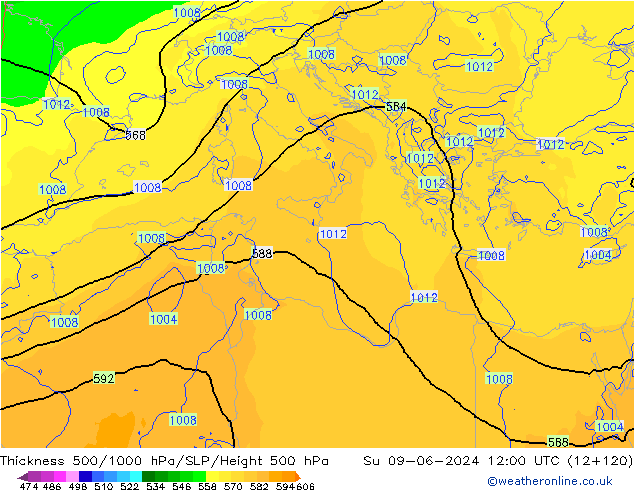 Dikte 500-1000hPa ECMWF zo 09.06.2024 12 UTC