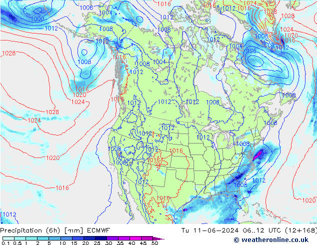 Precipitation (6h) ECMWF Tu 11.06.2024 12 UTC