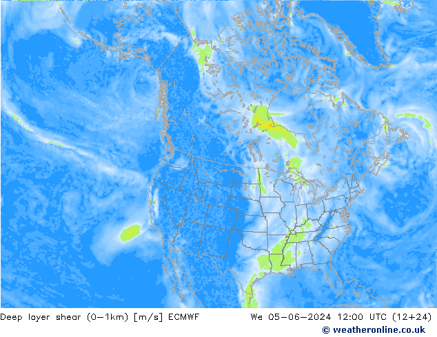 Deep layer shear (0-1km) ECMWF wo 05.06.2024 12 UTC