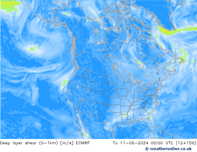 Deep layer shear (0-1km) ECMWF Út 11.06.2024 00 UTC