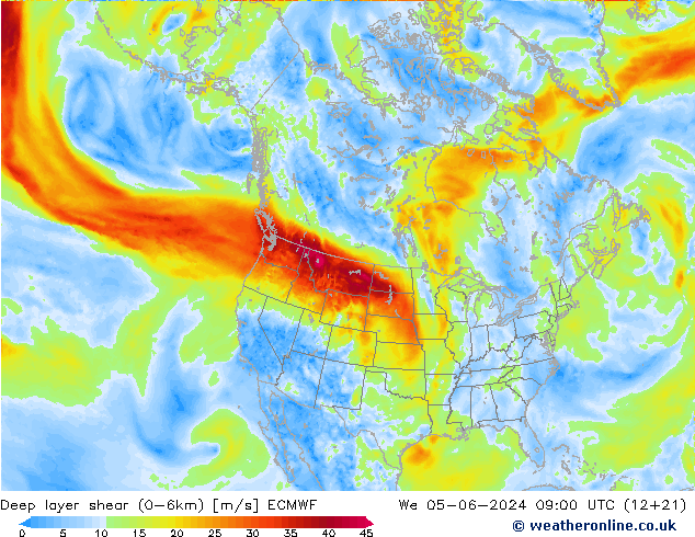 Deep layer shear (0-6km) ECMWF Mi 05.06.2024 09 UTC