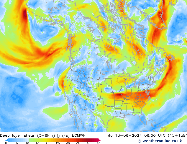 Deep layer shear (0-6km) ECMWF Mo 10.06.2024 06 UTC