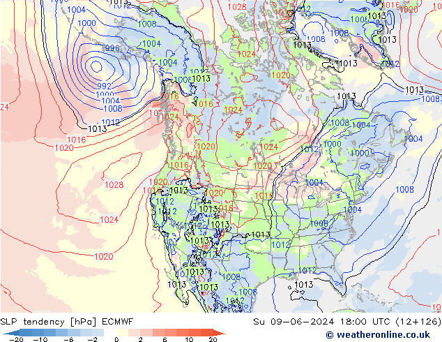 Druktendens (+/-) ECMWF zo 09.06.2024 18 UTC