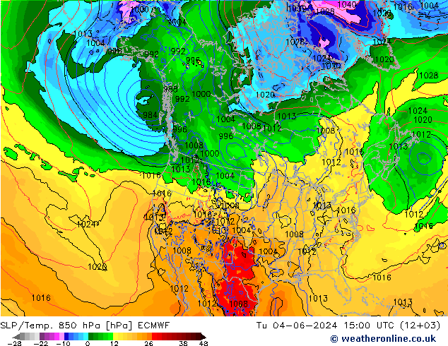 SLP/Temp. 850 hPa ECMWF wto. 04.06.2024 15 UTC