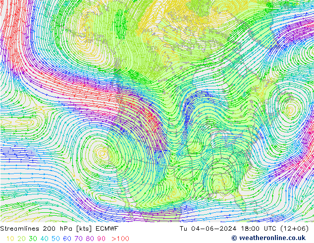 Linea di flusso 200 hPa ECMWF mar 04.06.2024 18 UTC