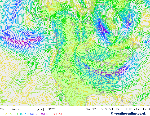 Stroomlijn 500 hPa ECMWF zo 09.06.2024 12 UTC