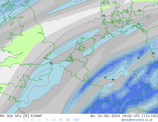 RH 300 hPa ECMWF Mo 10.06.2024 18 UTC