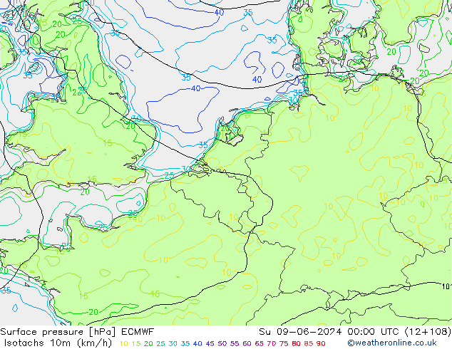 Eşrüzgar Hızları (km/sa) ECMWF Paz 09.06.2024 00 UTC