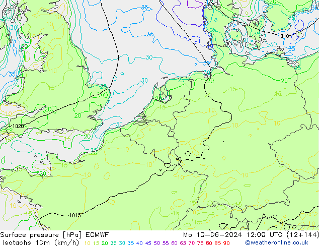 Isotachs (kph) ECMWF Mo 10.06.2024 12 UTC