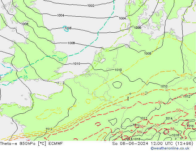 Theta-e 850hPa ECMWF sab 08.06.2024 12 UTC