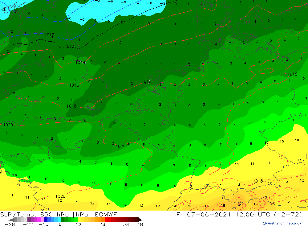 SLP/Temp. 850 гПа ECMWF пт 07.06.2024 12 UTC