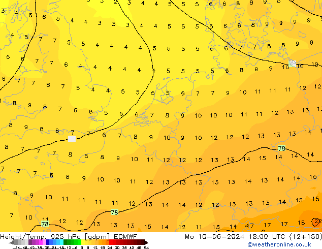 Height/Temp. 925 hPa ECMWF Mo 10.06.2024 18 UTC