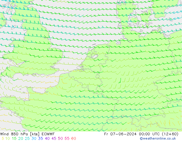 Wind 850 hPa ECMWF Pá 07.06.2024 00 UTC