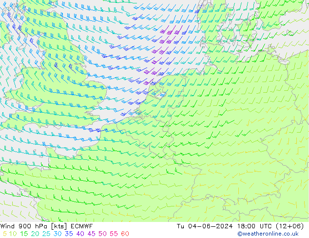 Wind 900 hPa ECMWF Tu 04.06.2024 18 UTC