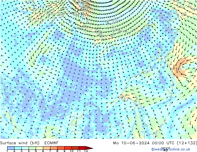 Viento 10 m (bft) ECMWF lun 10.06.2024 00 UTC