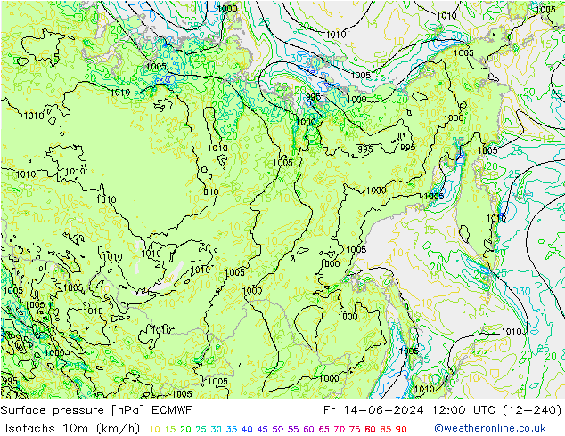 Isotachs (kph) ECMWF пт 14.06.2024 12 UTC