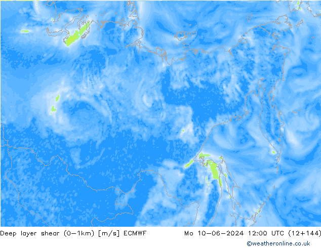 Deep layer shear (0-1km) ECMWF Mo 10.06.2024 12 UTC