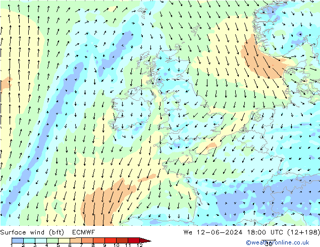 Vent 10 m (bft) ECMWF mer 12.06.2024 18 UTC