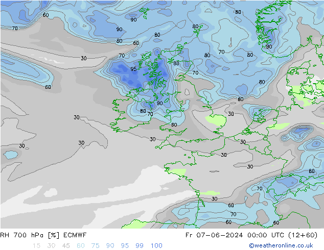 Humedad rel. 700hPa ECMWF vie 07.06.2024 00 UTC