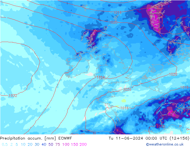 Precipitation accum. ECMWF Út 11.06.2024 00 UTC