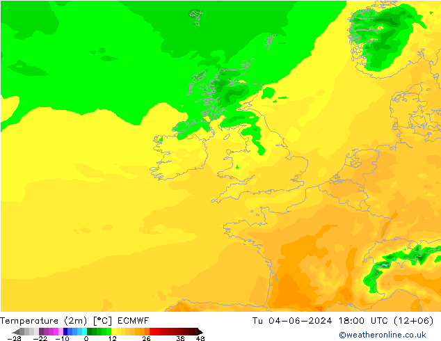 mapa temperatury (2m) ECMWF wto. 04.06.2024 18 UTC