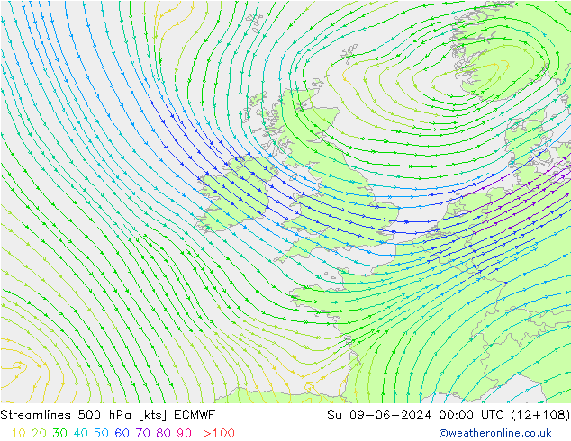 Linia prądu 500 hPa ECMWF nie. 09.06.2024 00 UTC