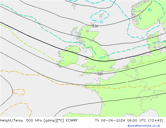 Height/Temp. 500 hPa ECMWF czw. 06.06.2024 06 UTC