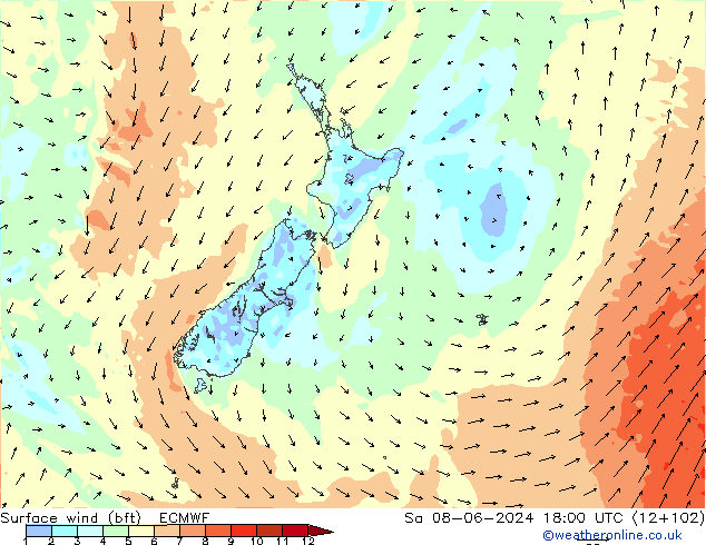  10 m (bft) ECMWF  08.06.2024 18 UTC