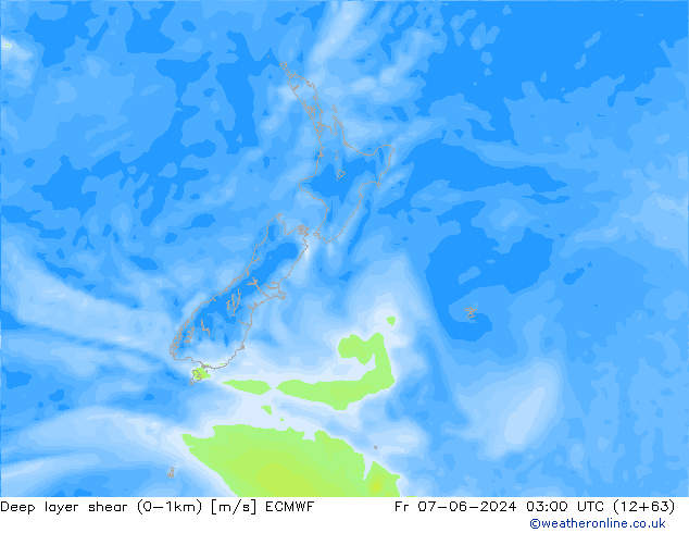 Deep layer shear (0-1km) ECMWF Fr 07.06.2024 03 UTC