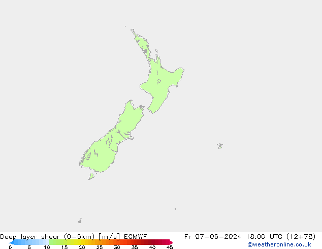 Deep layer shear (0-6km) ECMWF Fr 07.06.2024 18 UTC