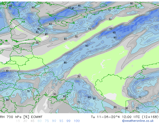 RH 700 hPa ECMWF Tu 11.06.2024 12 UTC