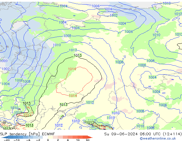 Druktendens (+/-) ECMWF zo 09.06.2024 06 UTC