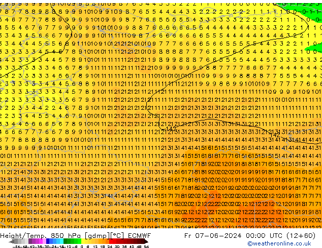 Height/Temp. 850 гПа ECMWF пт 07.06.2024 00 UTC