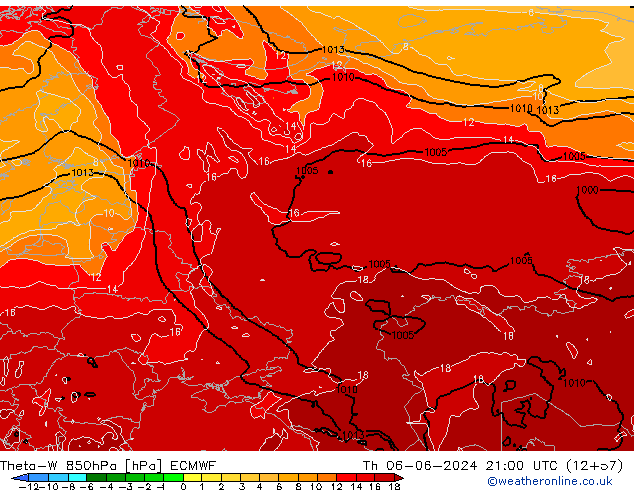 Theta-W 850гПа ECMWF чт 06.06.2024 21 UTC