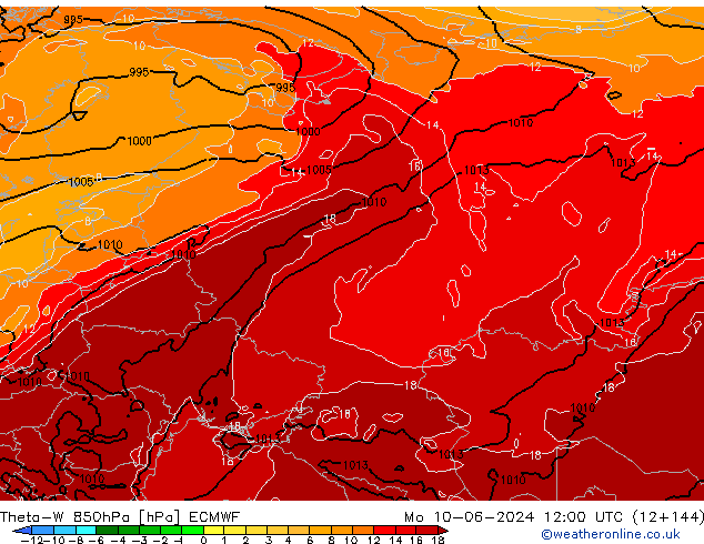 Theta-W 850гПа ECMWF пн 10.06.2024 12 UTC